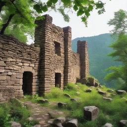 The ruins of an ancient fortress wall with a dense forest in the background