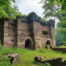 The ruins of an ancient fortress wall with a dense forest in the background