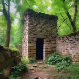 The ruins of an ancient fortress wall with a dense forest in the background