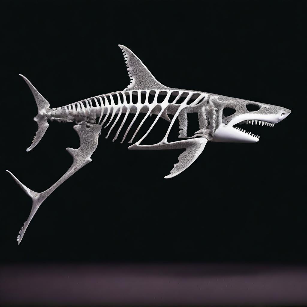 A white shark skeleton depicted against a black background