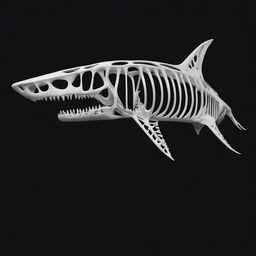 A white shark skeleton depicted against a black background