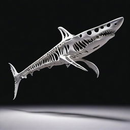 A white shark skeleton depicted against a black background