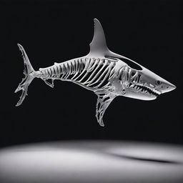 A white shark skeleton depicted against a black background