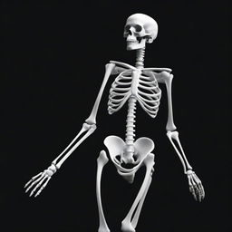 A white-boned female skeleton swimming gracefully against a stark black background