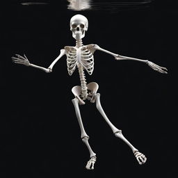 A white-boned female skeleton swimming gracefully against a stark black background