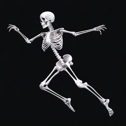 A white-boned female skeleton swimming gracefully against a stark black background