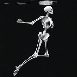 A white-boned female skeleton swimming gracefully against a stark black background