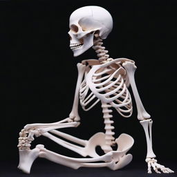 A white-boned female skeleton in a fetal position against a stark black background