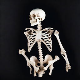 A white-boned female skeleton in a fetal position against a stark black background