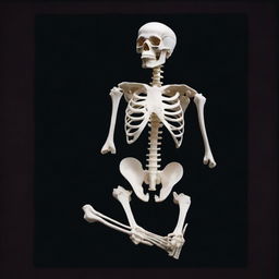 A white-boned female skeleton in a fetal position against a stark black background