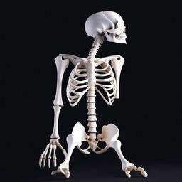 A white-boned female skeleton in a fetal position against a stark black background