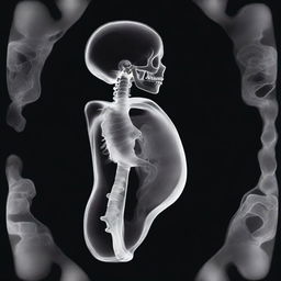 An x-ray image of a baby in the womb, set against a black background