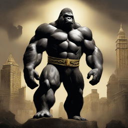 A majestic depiction of King Kong wearing a black and gold crown, standing tall and powerful