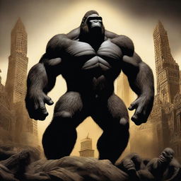 A majestic depiction of King Kong wearing a black and gold crown, standing tall and powerful