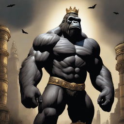 A majestic depiction of King Kong wearing a black and gold crown, standing tall and powerful