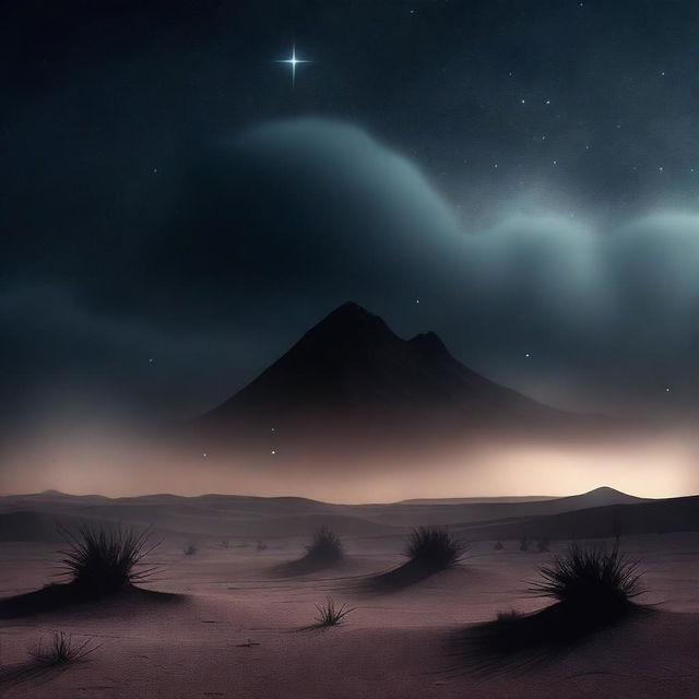 A mysterious, dark desert landscape with smoke rising into the night sky