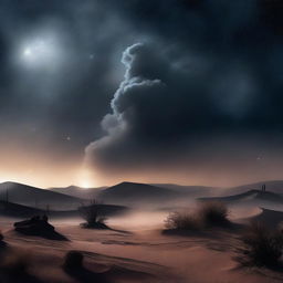 A mysterious, dark desert landscape with smoke rising into the night sky