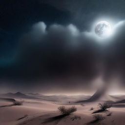 A mysterious, dark desert landscape with smoke rising into the night sky