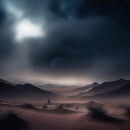 A mysterious, dark desert landscape with smoke rising into the night sky