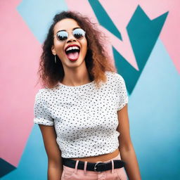 A stylish and attractive young woman sticking her tongue out playfully, looking up