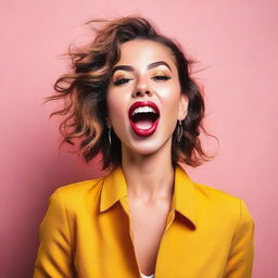 A stylish and attractive young woman sticking her tongue out playfully, looking up