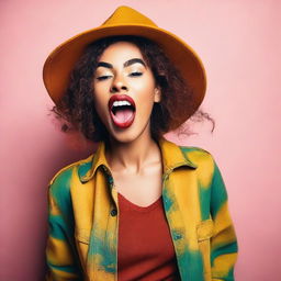 A stylish and attractive young woman sticking her tongue out playfully, looking up