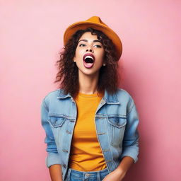 A confident and stylish young woman playfully sticking her tongue out and looking up