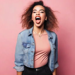 A confident and stylish young woman playfully sticking her tongue out and looking up