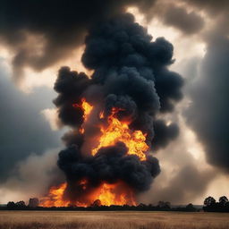 A dramatic scene featuring smoke and fire rising into the sky