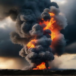 A dramatic scene featuring smoke and fire rising into the sky