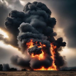 A dramatic scene featuring smoke and fire rising into the sky