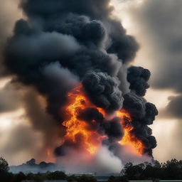 A dramatic scene featuring smoke and fire rising into the sky