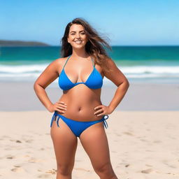 A confident woman posing in a bikini, showcasing her curves