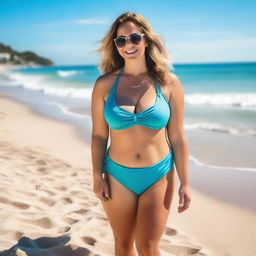 A confident woman posing in a bikini, showcasing her curves