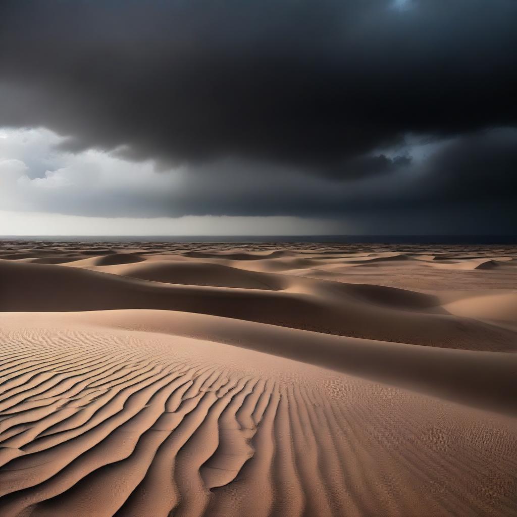 A vast desert landscape under a dark, cloudy sky