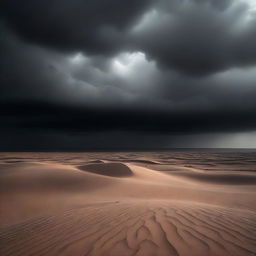 A vast desert landscape under a dark, cloudy sky