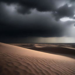 A vast desert landscape under a dark, cloudy sky