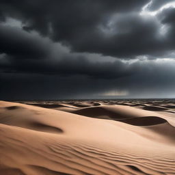 A vast desert landscape under a dark, cloudy sky