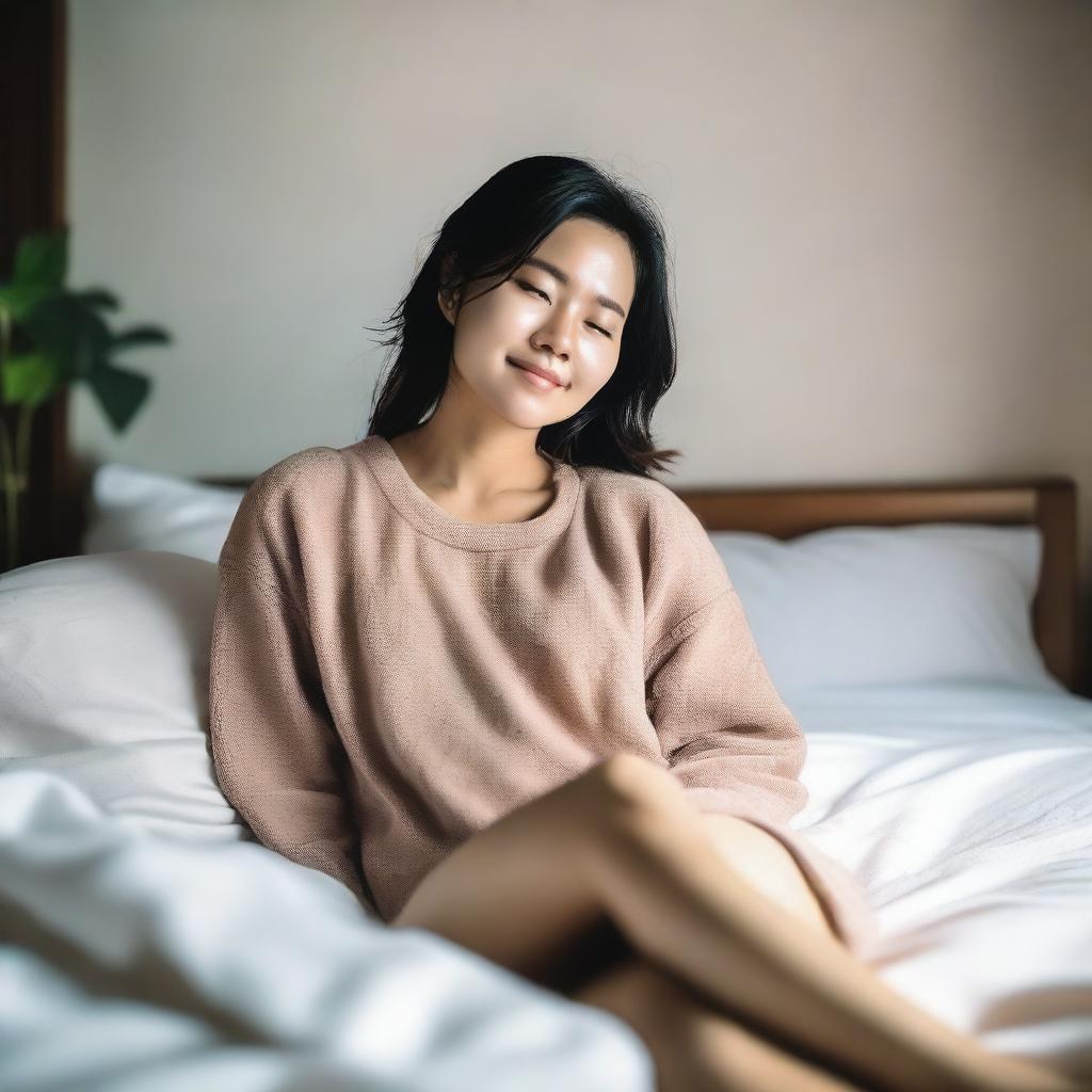 A 30-year-old Vietnamese woman laying on a bed, resting peacefully