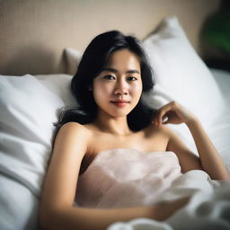 A 30-year-old Vietnamese woman laying on a bed, resting peacefully