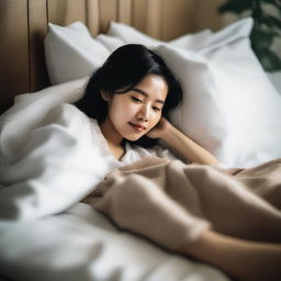 A 30-year-old Vietnamese woman laying on a bed, resting peacefully