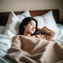 A 30-year-old Vietnamese woman laying on a bed, resting peacefully