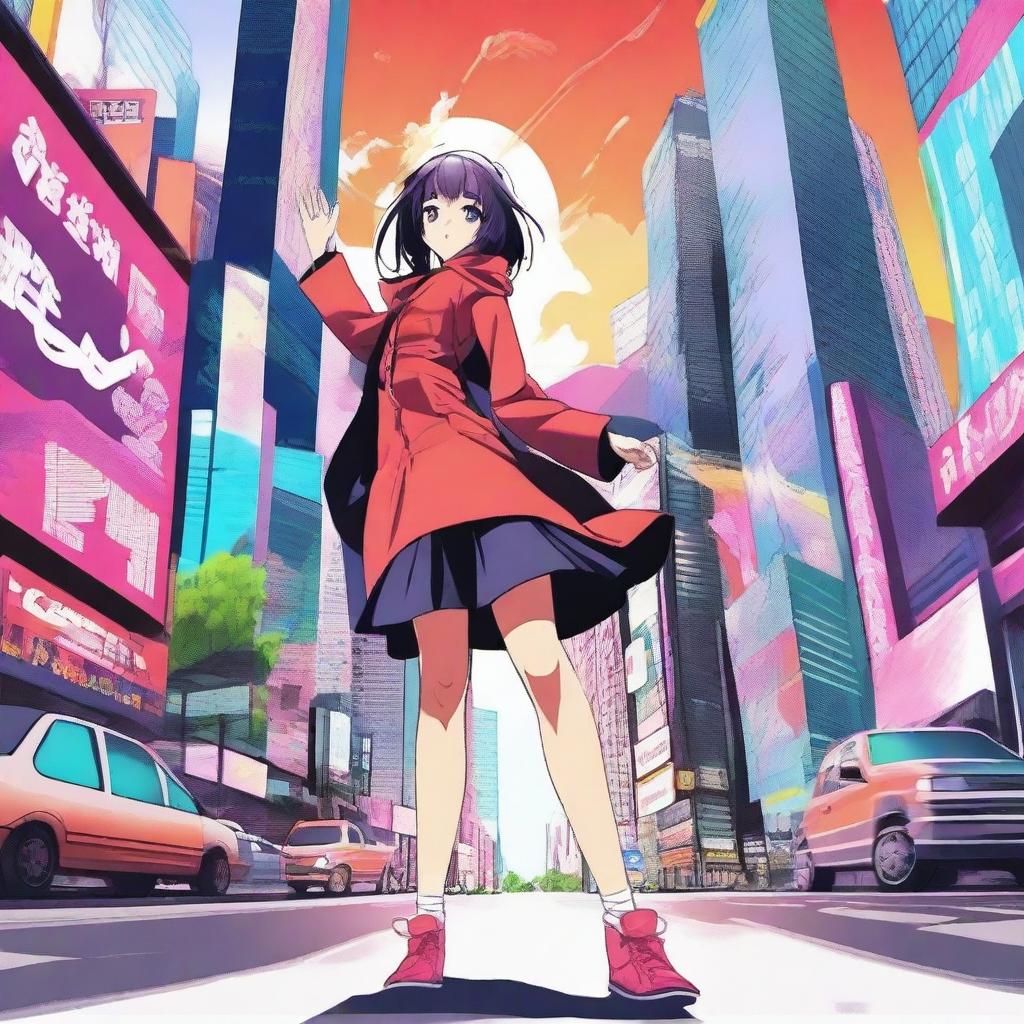 Create an anime poster featuring vibrant characters in dynamic poses