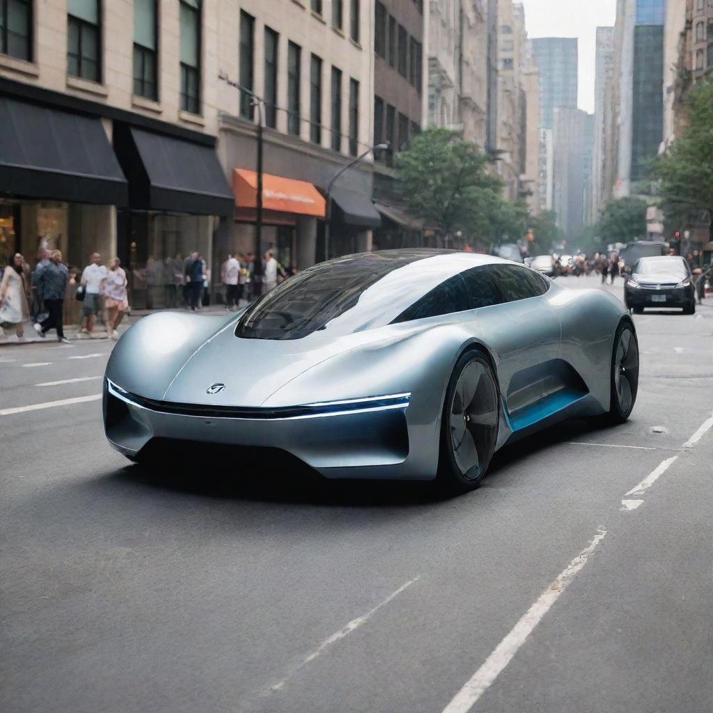 A futuristic car driving on a bustling city street, with pedestrians nearby.