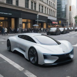 A futuristic car driving on a bustling city street, with pedestrians nearby.