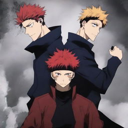 Create an anime poster for 'JUJUTSU KAISEN NEW GENERATION' featuring two characters, Ryuto and Saken