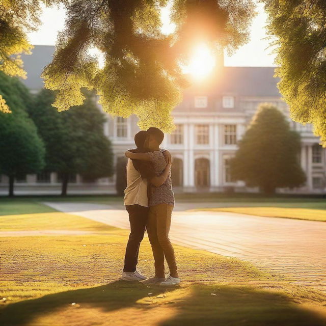 A serene summer evening on a university campus, with two young males hugging each other warmly