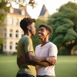 A serene summer evening on a university campus, with two young males hugging each other warmly