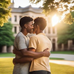 A serene summer evening on a university campus, with two young males hugging each other warmly