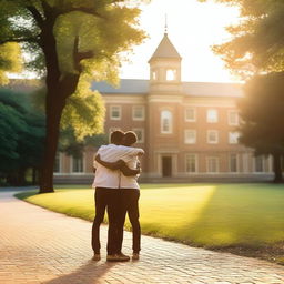 A serene summer evening on a university campus, with two young males hugging each other warmly